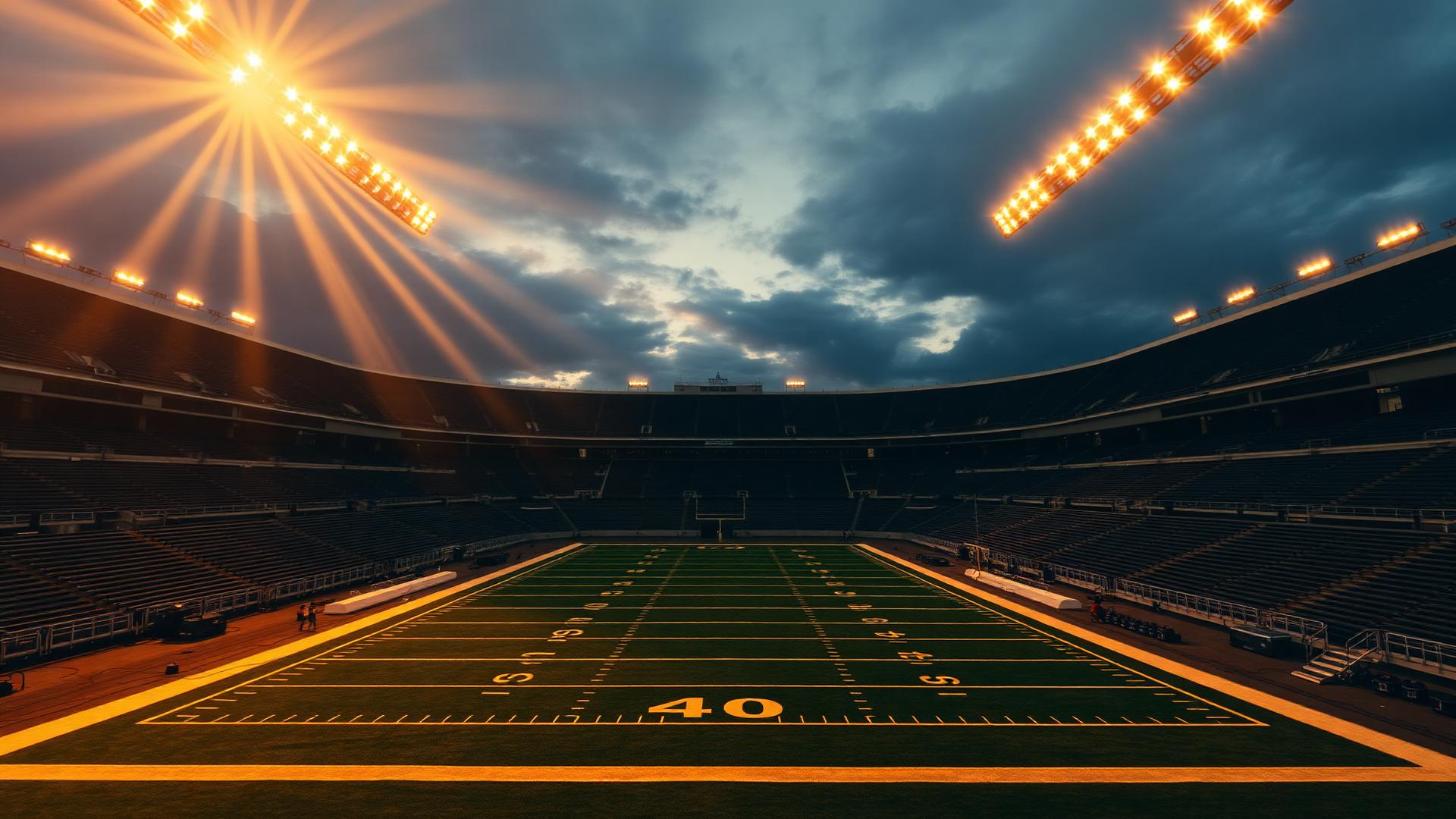 College football stadium under evening lights